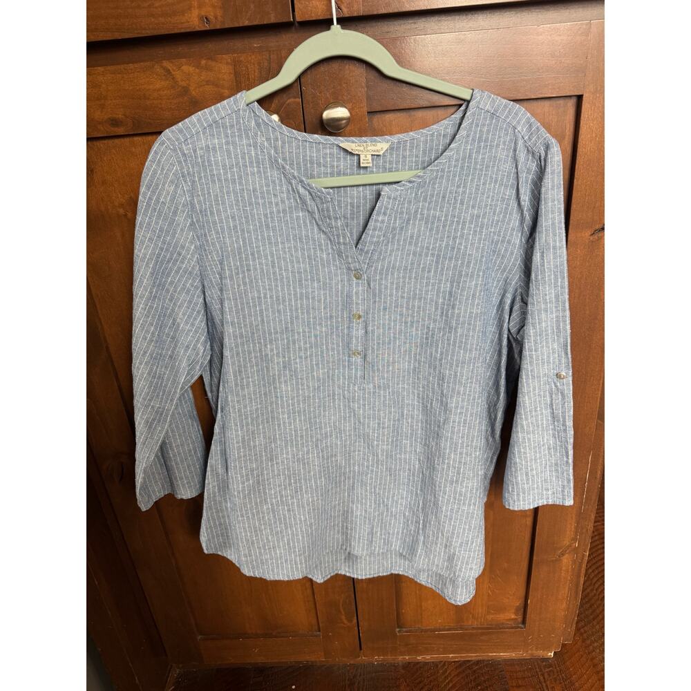 Hester & Orchard Linen Blend Top Small Blue Pinstripe Henley 3/4 Sleeve Roll Tab